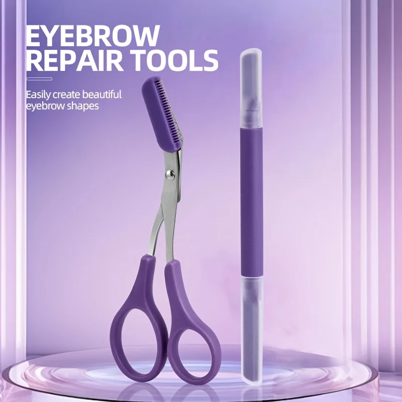 Dual-Ended Purple Eyebrow Trimmer Built-in Comb Purple Eyebrow Scissors Stainless Steel Precision Tool for Perfect Eyebrow