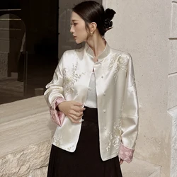 2024 chinese style new women imitation silk embroidery floral elegant patchwork top coat , woman female stand collar coats