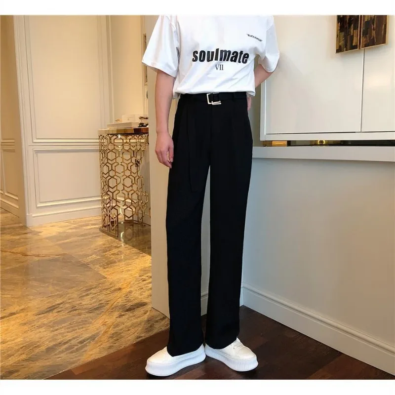 

Men's Black High Waist Wide Leg Pants with Belt Decor Loose Straight Casual Trousers