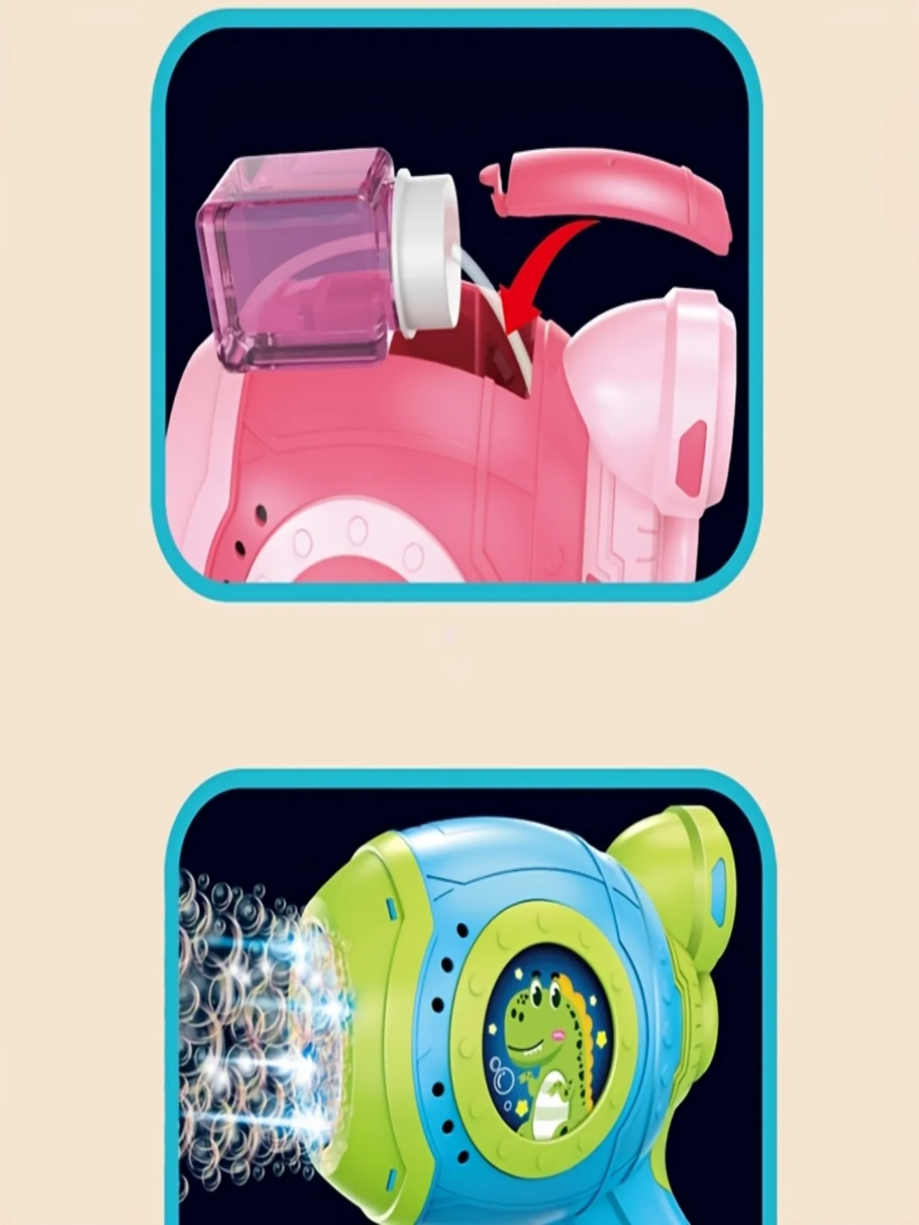 Elektrische Seifenblasenpistole mit Dinosauriermotiv für Kinder. Es handelt sich um eine tragbare automatische Seifenblasenmaschine, geeignet für den Außenbereich.