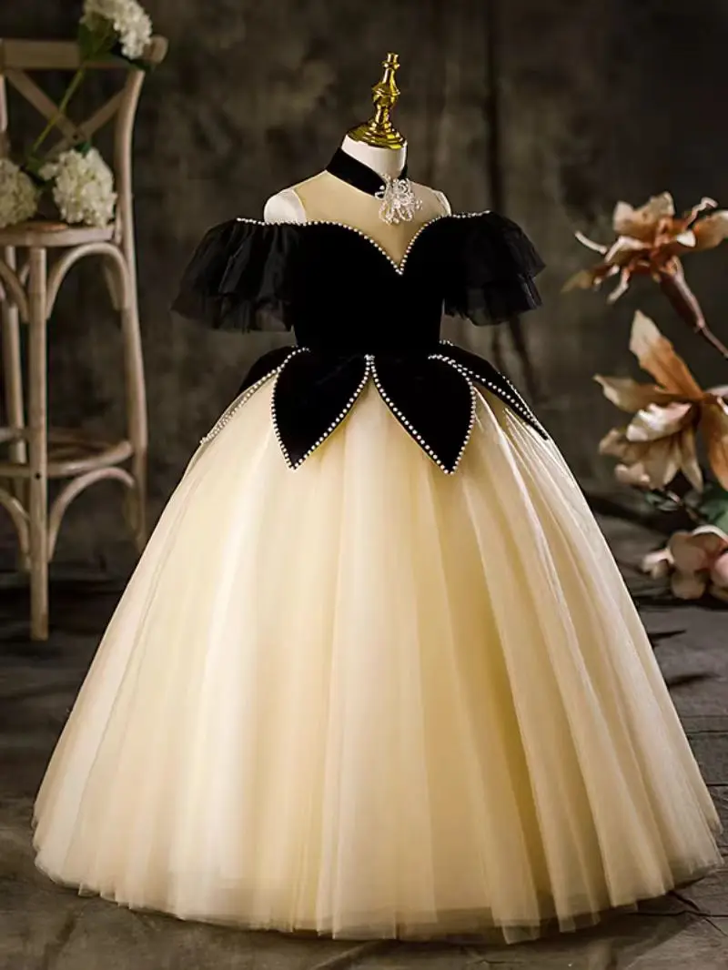 Jill Wish Elegantes schwarzes Mädchenkleid mit Perlen, schulterfrei, Festzug, Prinzessin, Kinder, Hochzeit, Geburtstag, Party, langes Ballkleid 2025, J115