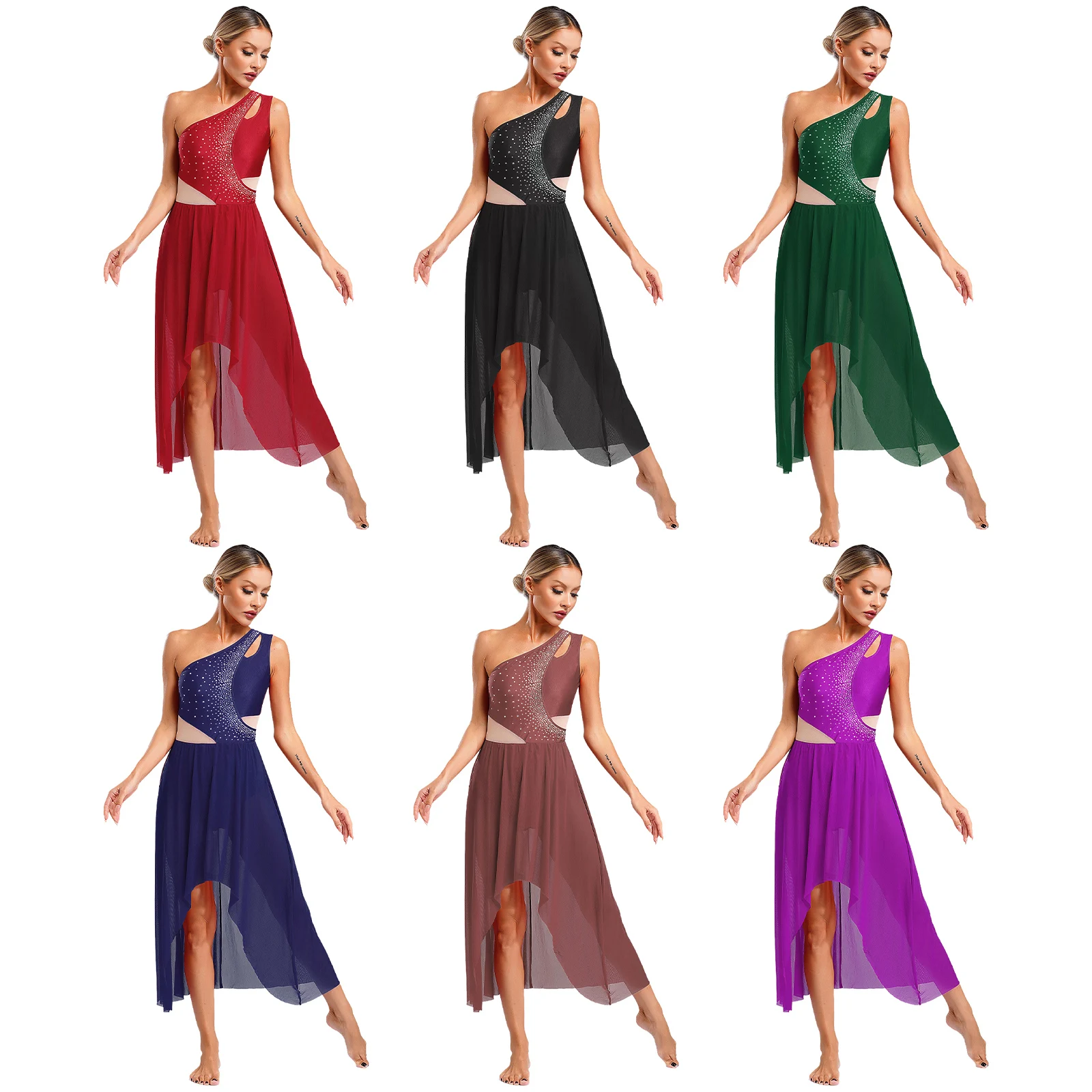 Womens Ballet Lyrical Dance Dress Ballerina Costume Rhinestones One Shoulder Sleeveless Cutout High-Low Flowy Dress Dancewear