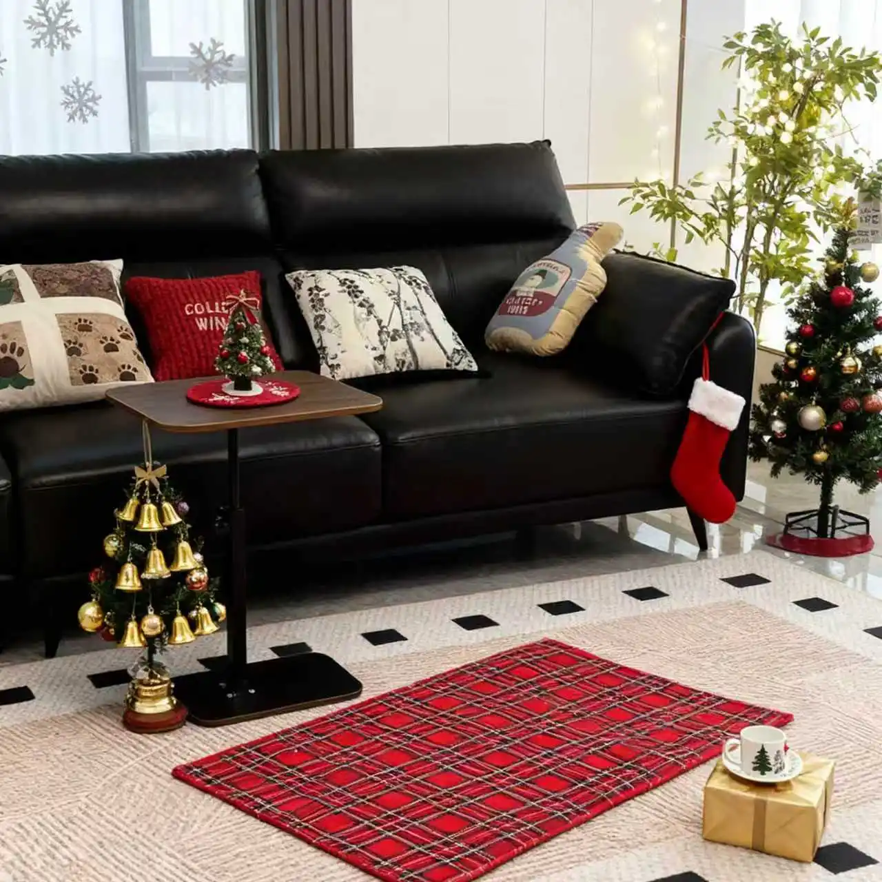 

Walnut Wood & Black Metal Adjustable Foldable Baby Crib Accessory Table, Multifunctional Height-Adjustable End Table for Nursery