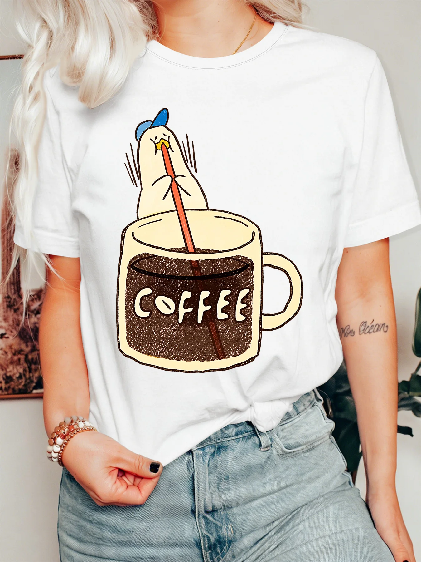 Cute Duck Drinking Coffee Womens T Shirt Funny Cartoon Bird Coffee Cup Graphic Tee Short Sleeve Casual Daily Ladies Tops