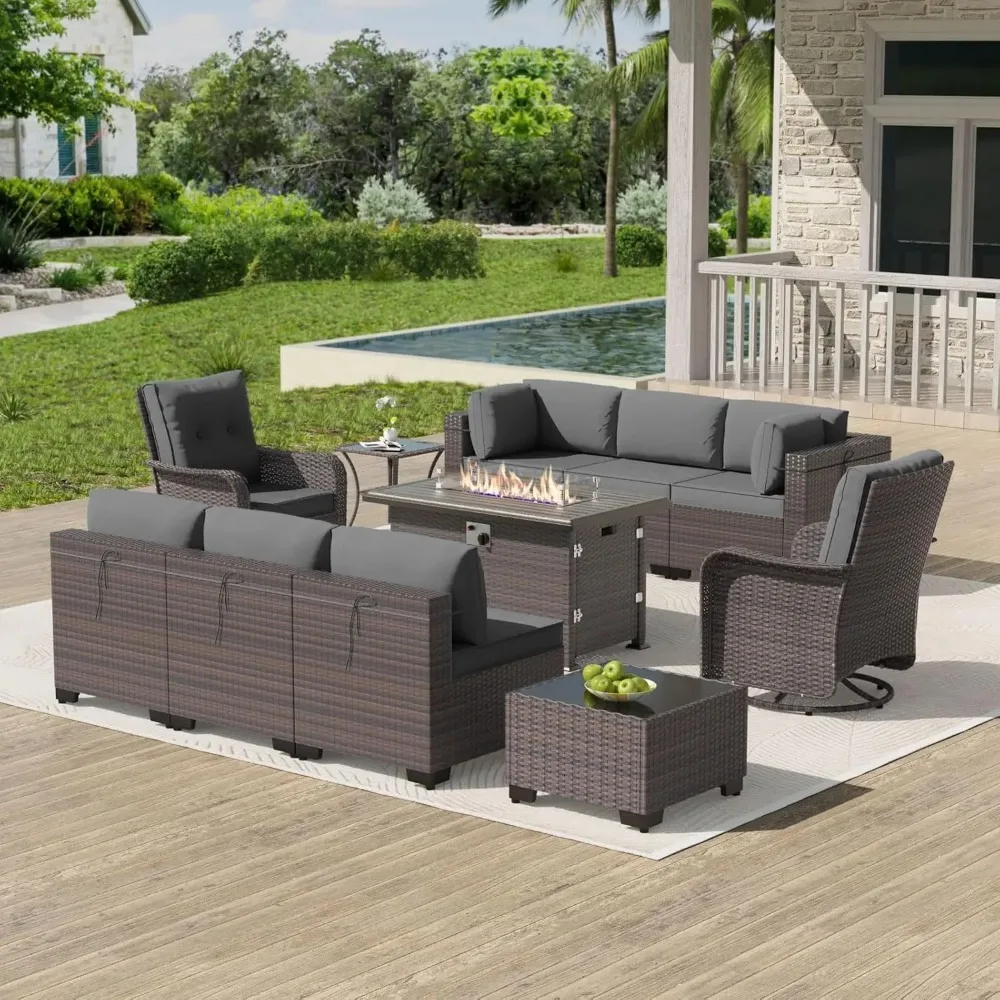 11 PC Outdoor Patio Furniture Set with Swivel Rocking Chairs&55,000 BTU Gas Fire Pit Table w/Glass Wind Guard Patio Sofa Set