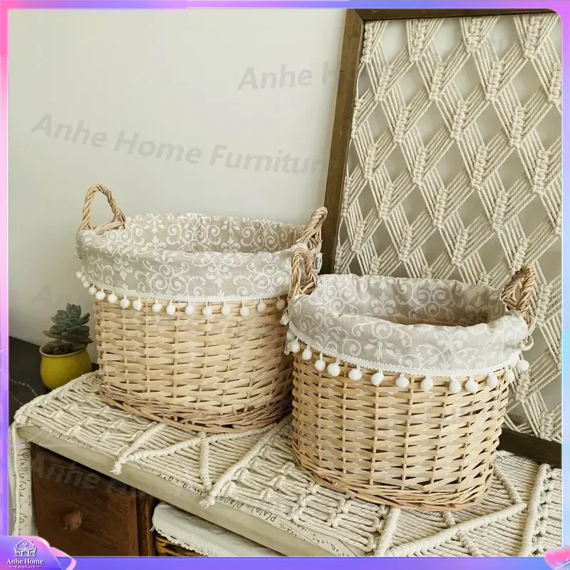 Hand Woven Rattan Storage Basket Eco Friendly Wicker Organizer for Home Office Fruit Vegetable Holder Decorative Laundry Bin