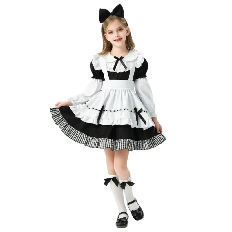 Enchanting Princess Gown and Accessory Set for Girls, White Black Color Matching Dress Headwear for Cosplay & Birthday