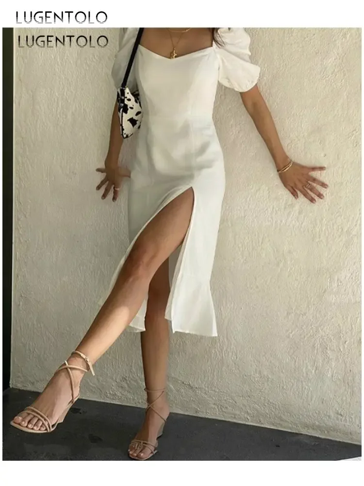 Women Sexy Dress Summer Short Sleeve Slim White Lady Square Collar Empire Side Split Middle Length Clothing image 2