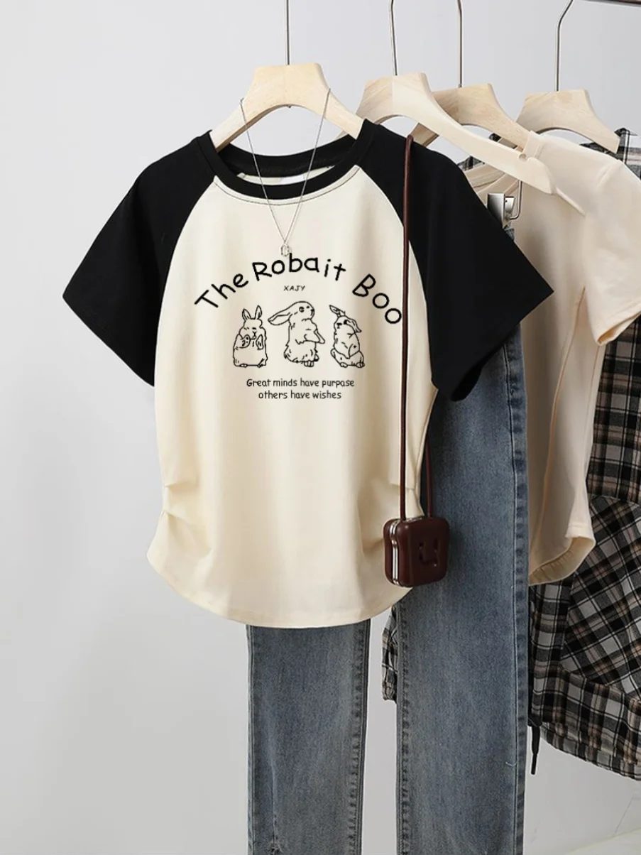 Retro Amerikaanse kleur Blo oulder Insert T-shirt dames zomer nieuwe ort Sve onregelmatige losse top katoen cartoon print