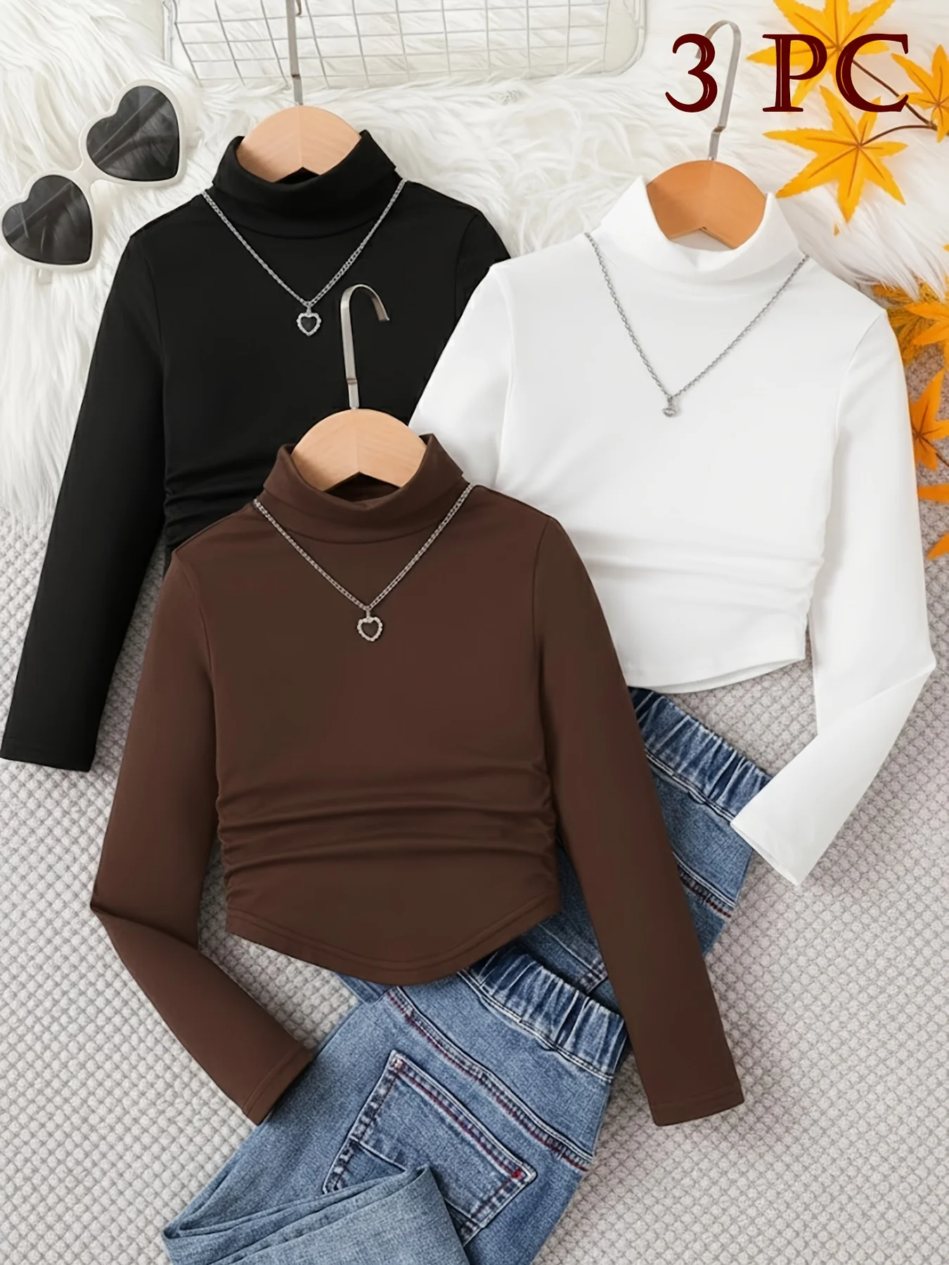 Rollkragenpullover für Mädchen in Schwarz, Weiß und Braun, ein vielseitiges warmes Langarm-Oberteil für Herbst und Winter, schmal geschnittenes Design, geeignet für Schule, Alltag und zum Schichten, für Kinder im Alter von 4-12 Jahren – Detail 2