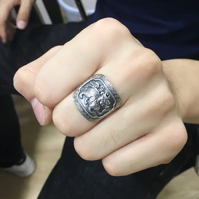 Wholesale 925 sterling silver fashion jewelry retro thai silver personalized male and female open ring unicorn ring index finger