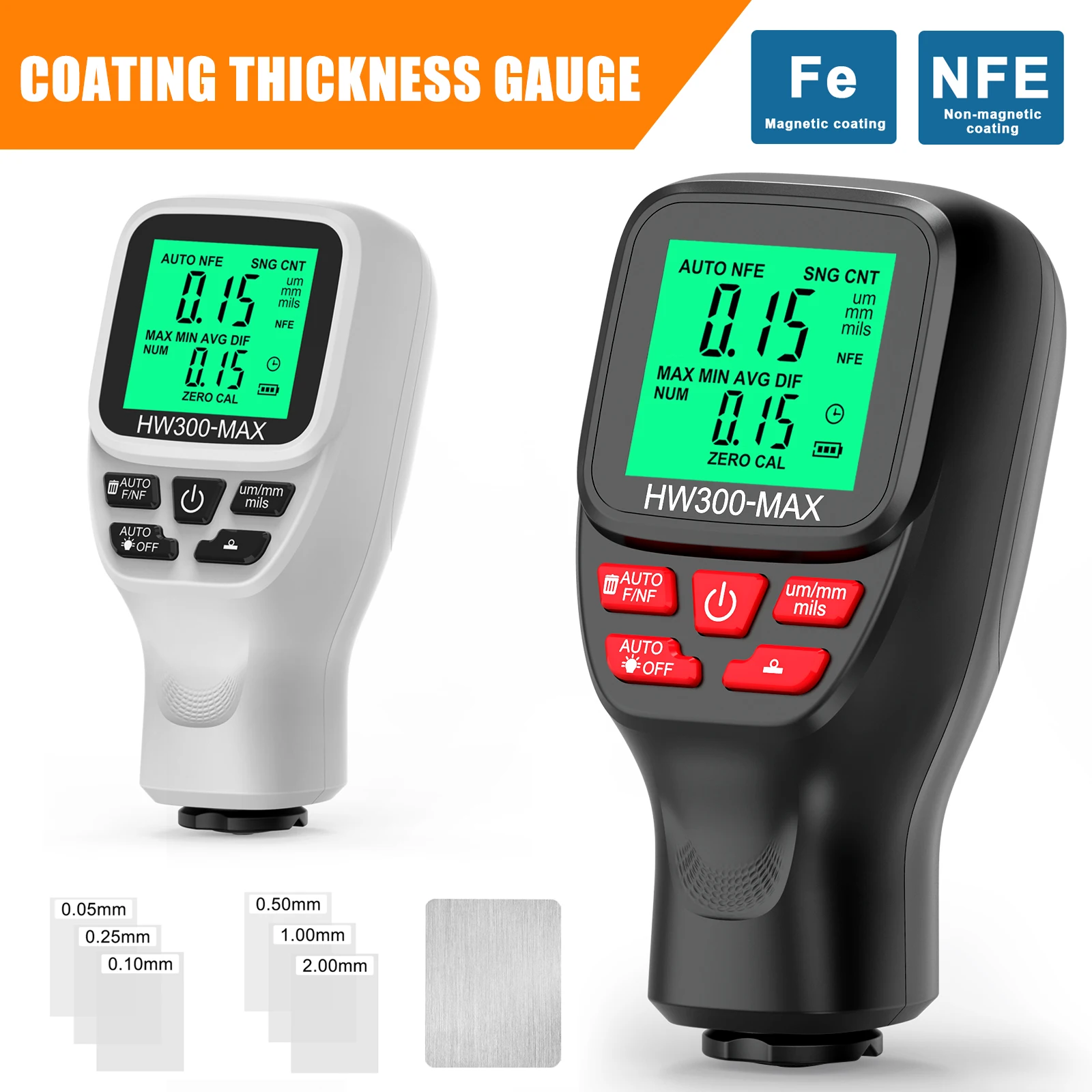 0-2000UM Coating Thickness Gauge HW300-MAX Car Paint Film Fe & NFe Coating Thickness Tester Automotive Paint DFT Meter