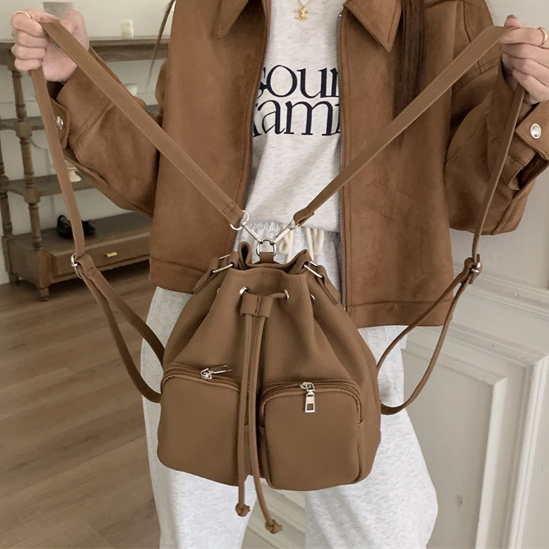 Fashion Pockets Drawstring Backpack Women New Casual Street Leather Multifunction Commuting Student Bags Simple Vintage Mochila