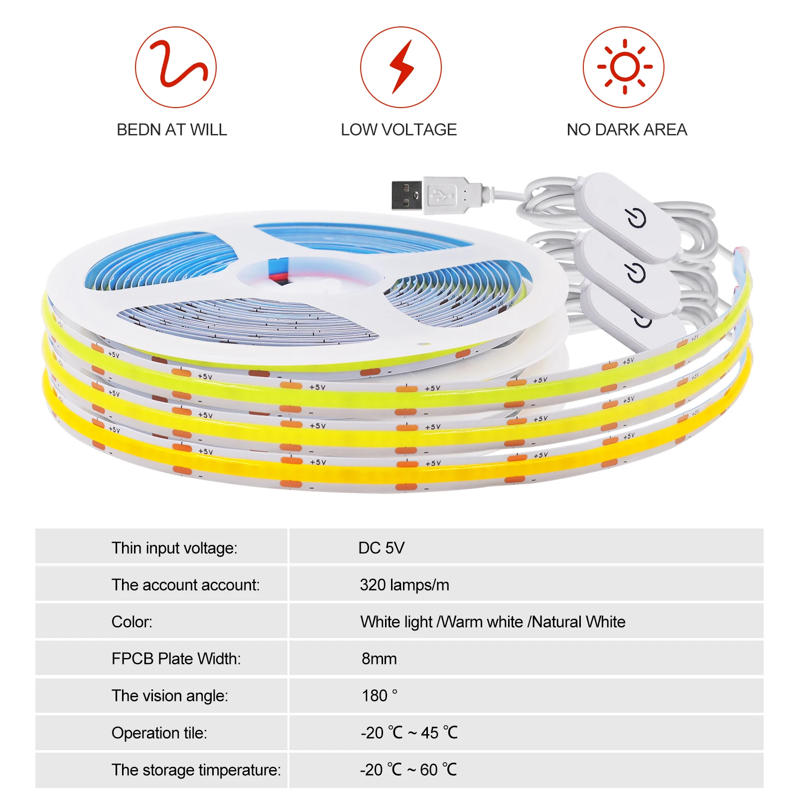 LEDタッチ調光器付きCOBストリップライト,フレキシブル,リニア照明,室内照明,DIY, TV,鏡,バックライト,壁装飾,5V USB, 320個のLED