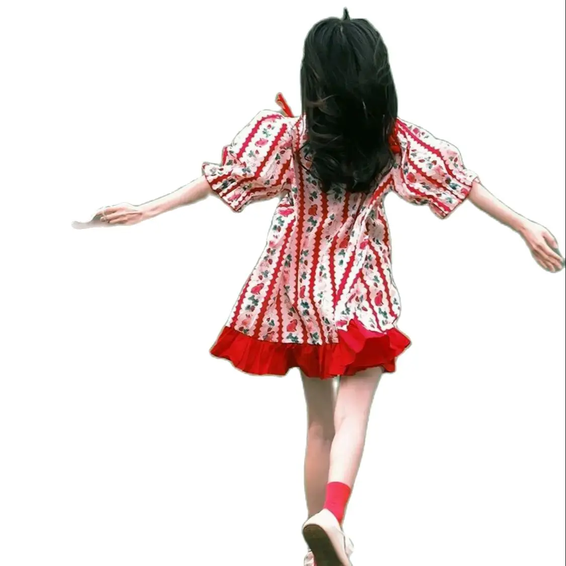 Dress Ruffles Red Women Childlike Sweet Youthful Cartoon Printed Short Sleeved Summer 2024 Cute Loose Short Large Size Dress New