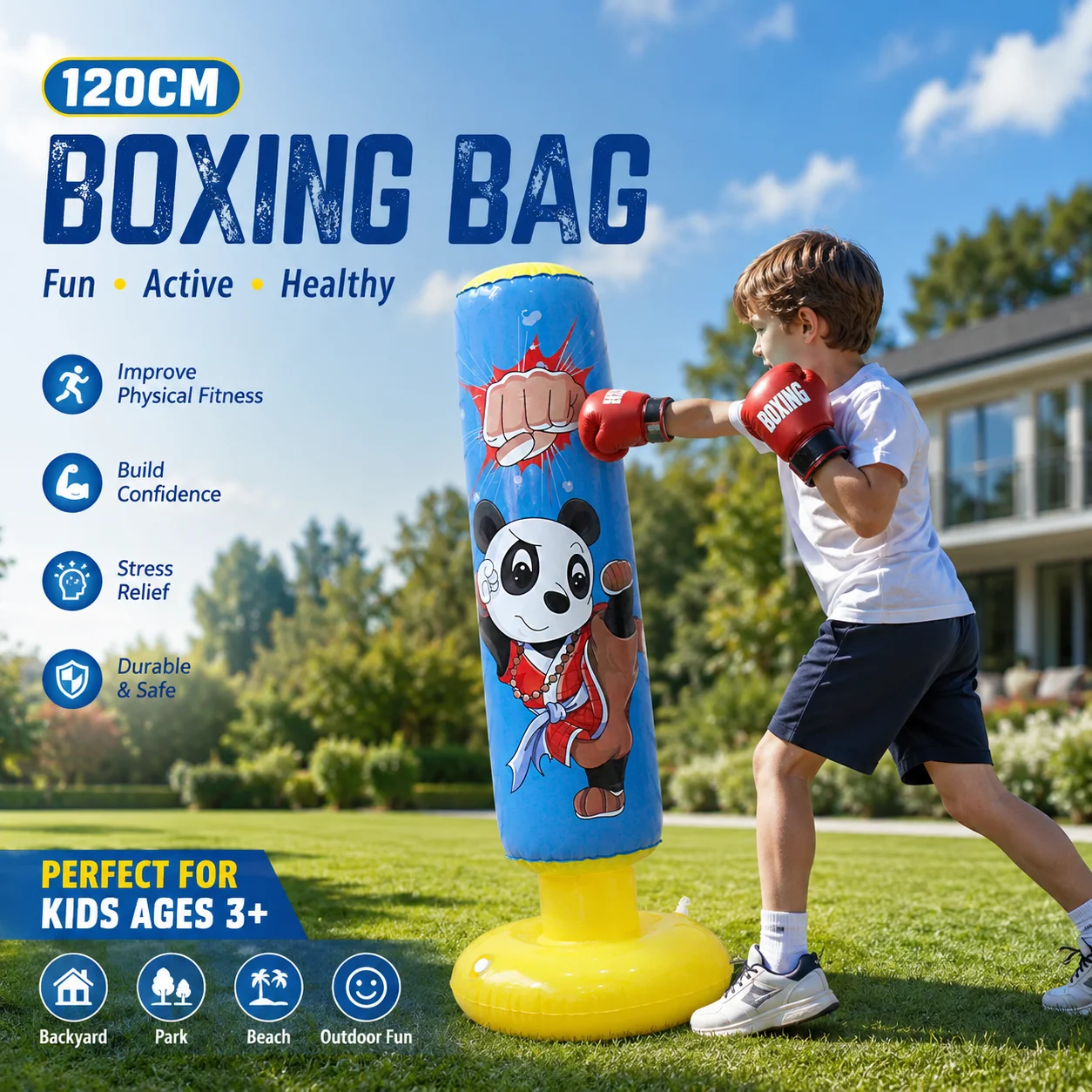 120cm Inflatable Boxing Bag with Hand Pump, PVC Bounce-Back Boxing Bag for Kids Age 6-12, Release Stress Activity