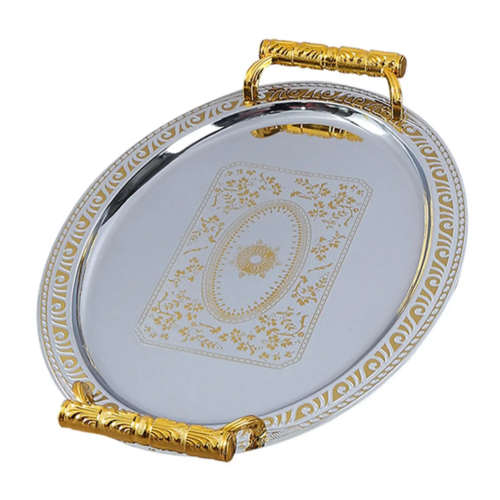 Elegant Floral Pattern Stainless Steel Serving Tray with Handles Food Server Oval Platter for Hospitality Reception Dining Table