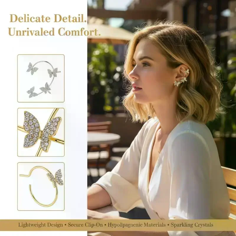 Women Butterfly Earrings Fashion Zircon Ear Hook Clip-on Cartilage Non-pierced Earrings