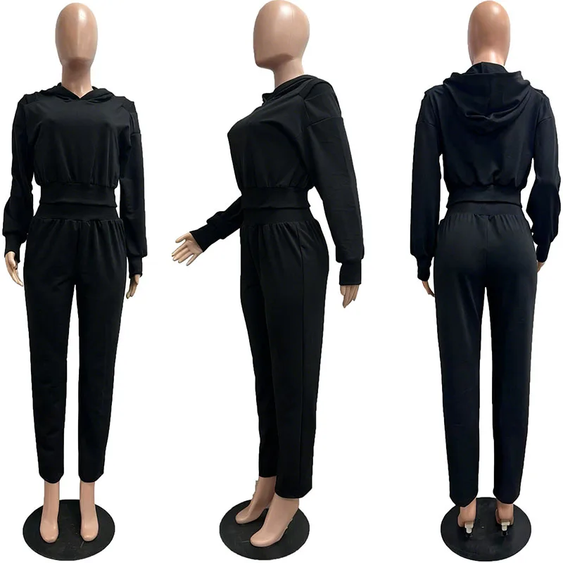 Autunm الشتاء الصلبة مضلع قطعتين مجموعة امرأة رياضية رياضي اللياقة البدنية طويلة الأكمام مقنعين بلوزات وسراويل تجريب ملابس غير رسمية #5