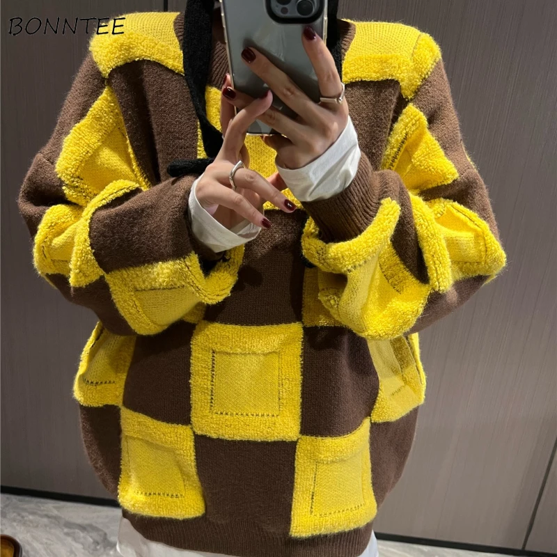 Plaid Loose Pullovers Women Thicker Knitting Korean Style All-match Autumn Winter Fashion Soft O-neck Streetwear Casual Y2k Top