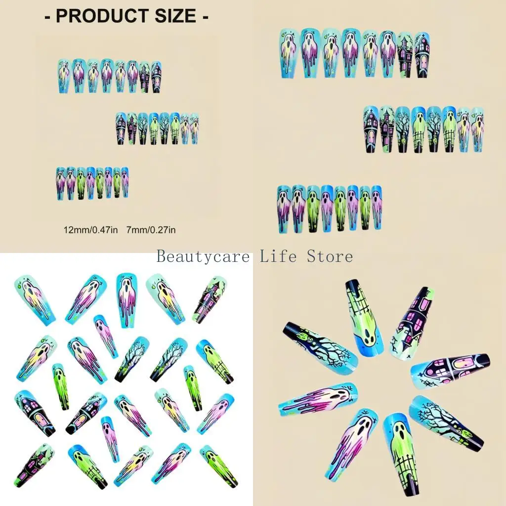 652C 24Pcs/set Halloween False Nail with Glues Strips Long Ballet Blue Ghostly Forest Design ABS Fake Nail For Women Party