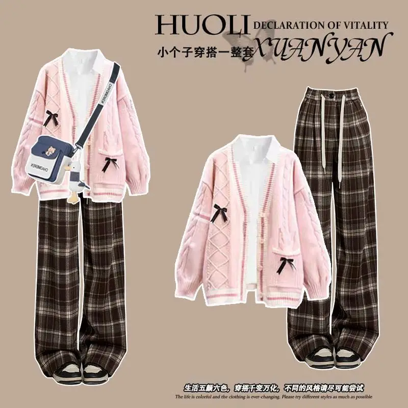 

Fashion Women's Set of Spring and Autumn Bow Sweater Jacket+loose Slimming Straight Leg Pants Two-piece Set