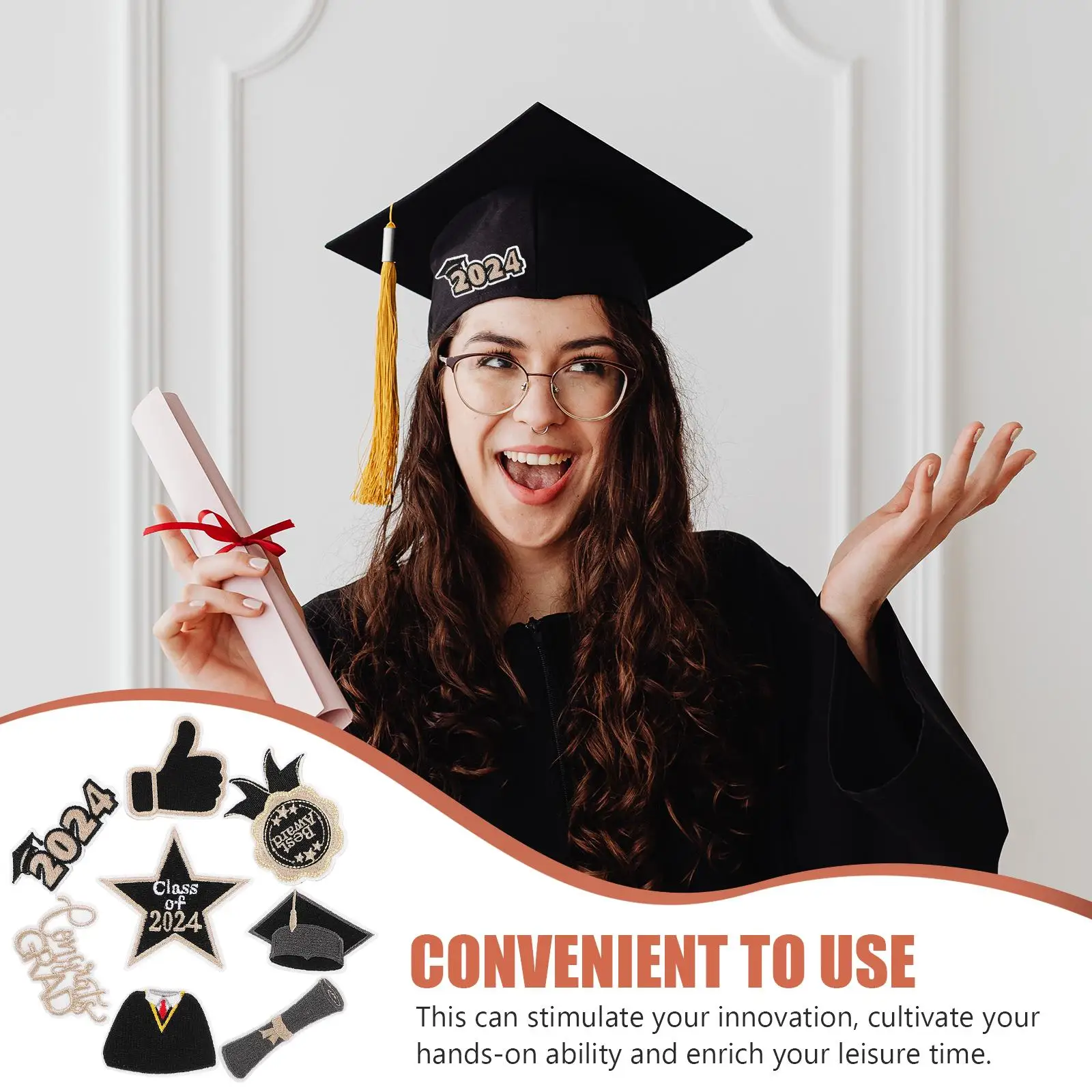 8 Pcs Adhesive Graduation Patches Repair Embroidered Applique Craft Clothes Graduaction Class Decor Props Small