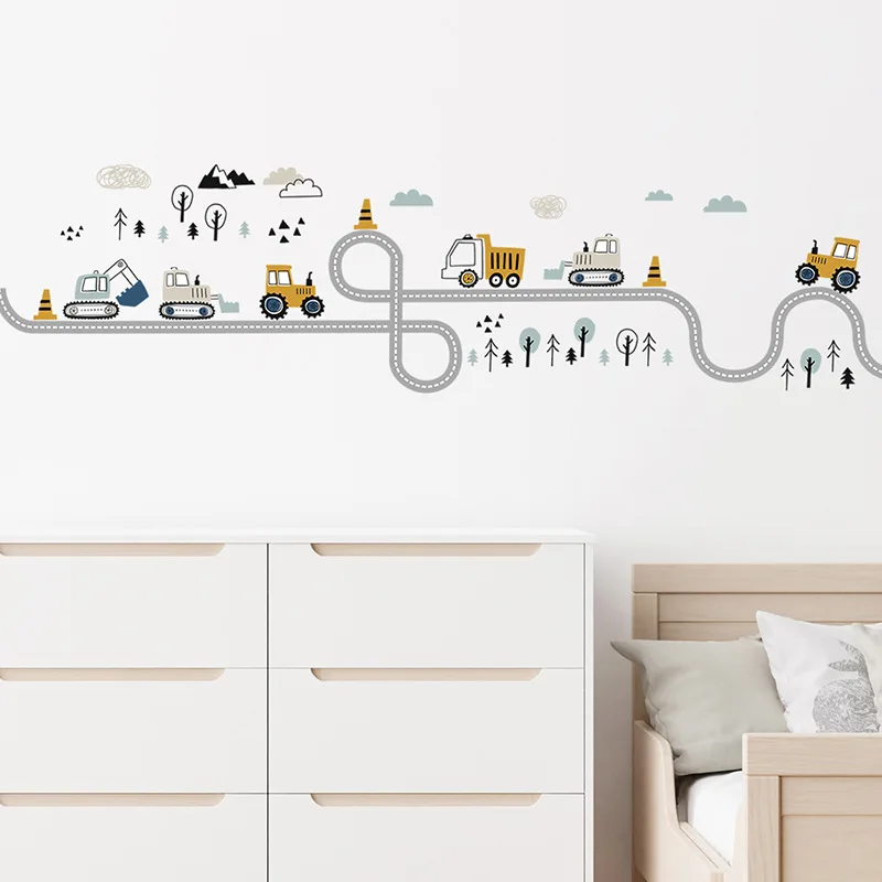 1 ensemble d'autocollants muraux de dessin animé, autocollants muraux pour voitures, camion, tracteur, Bulldozer, piste de circulation, pour salon, chambre à coucher, maison Dec