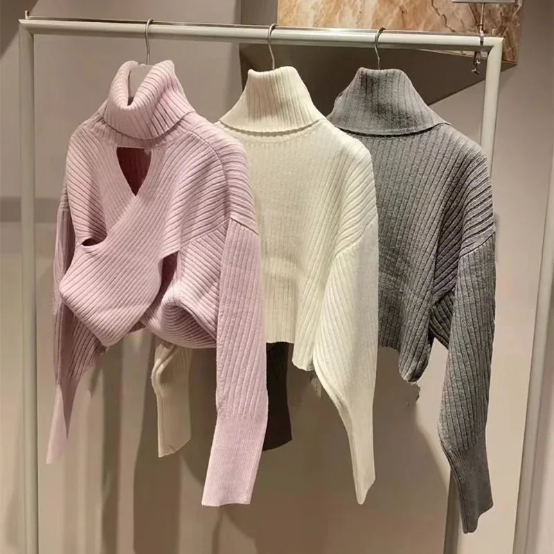 Kuzuwata Japanese Turtleneck Women Pull Femme Solid Color Long Sleeve 2 way Criss-cross Jumpers Vintage Knit Pullover Sweaters