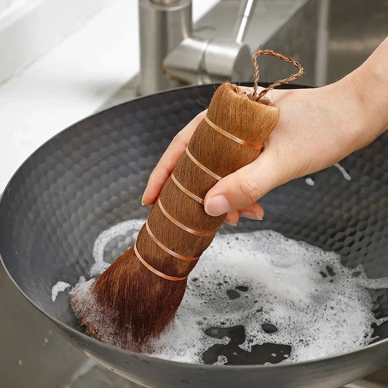 SHIMOYAMA Natural Pot Brush Coconut Brown Long Handle Non-stick Oil Washing Pan Brushs Kitchen Hang Type Wok Dish Cleaning Brush