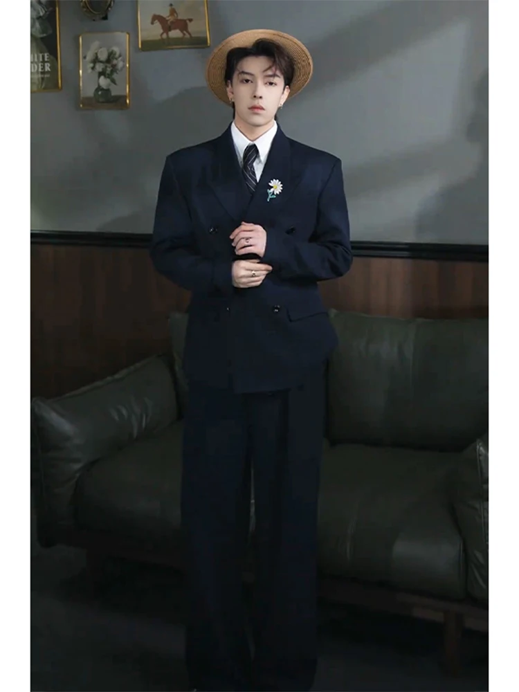 

Мужской костюм Advanced Sli Briti Sle: модный комплект с подплечниками, брюки прямого кроя, осенний повседневный стиль, приталенный силуэт