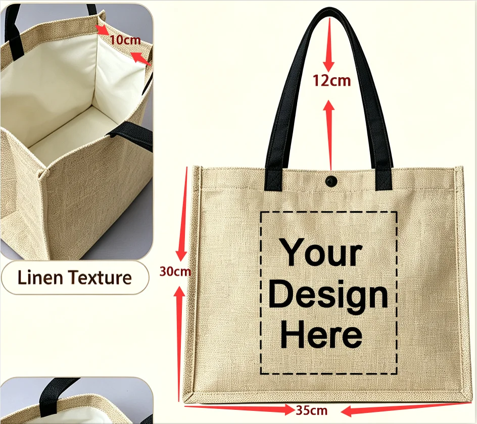 Custom Linen Tote Bag Blank Sublimation Canvas Handbag Large Capacity Reusable Shopping Bag Personalized DIY Print Shoulder Bag