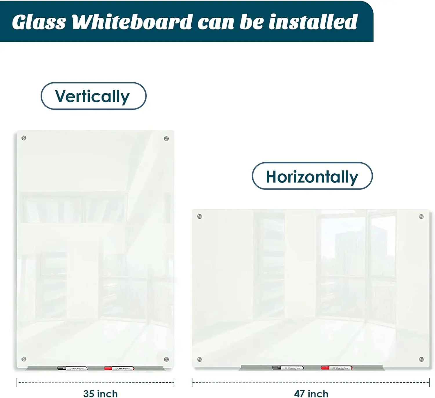 Glass Whiteboard 47"x35", Magnetic White Board Glass Dry Erase Board Large Frameless Glass White Board for Office, Home & School