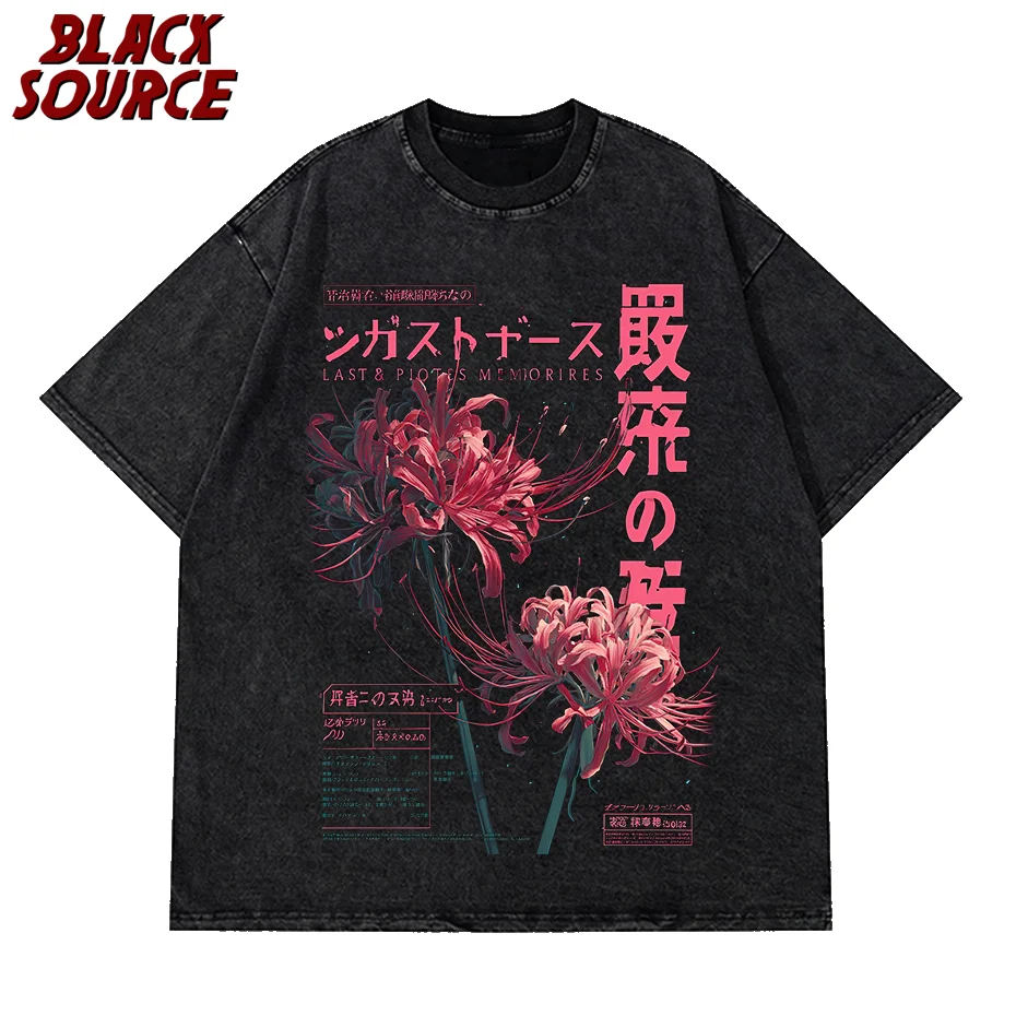 Camiseta lavada estética de Anime T171 con flor Grunge suave, lirio de araña japonés, ropa estética, camisas para ropa de hombre