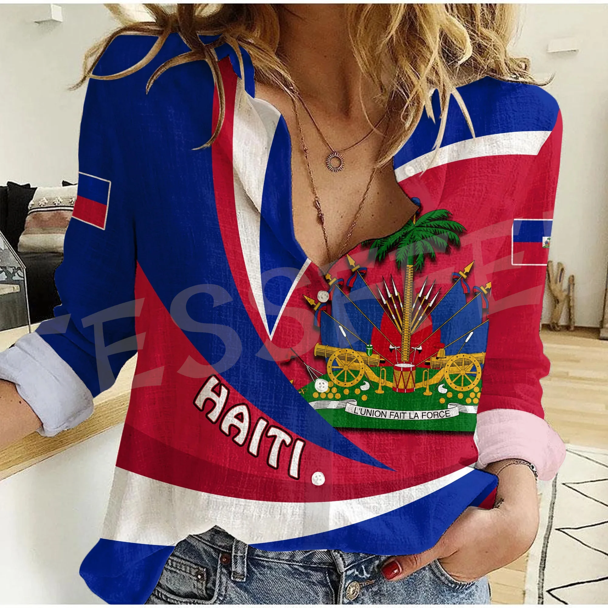 Camiseta de manga larga con estampado 3D para mujer, camisa informal con botones, Bandera de País, Mar caribeño, Haiti, Retro, Harajuku, nueva moda