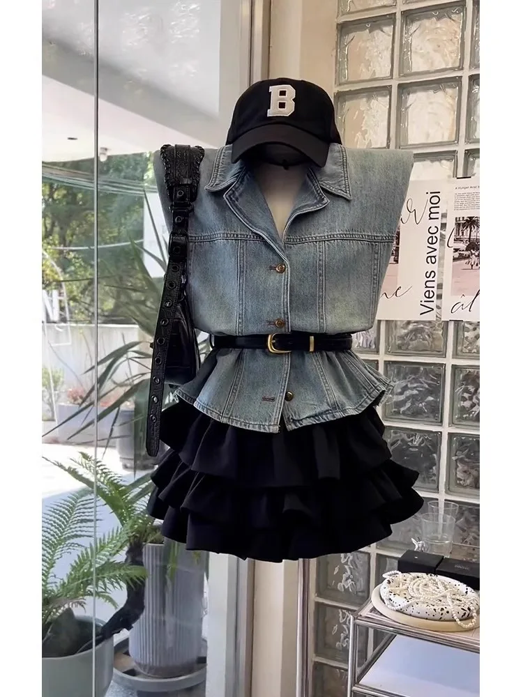 جديد الكورية أزياء الصيف 2 قطعة مجموعات امرأة الزي عارضة أكمام الدنيم قميص أعلى + برعم تنورة صغيرة فتاة حلوة Y2k الشارع الشهير #2