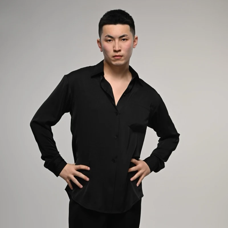 

2025 New Latin Dance Shirt Men's Long Sleeves Practice Clothes Male Tango Modern Dance Clothing Black Adult Dancing Tops XH2884