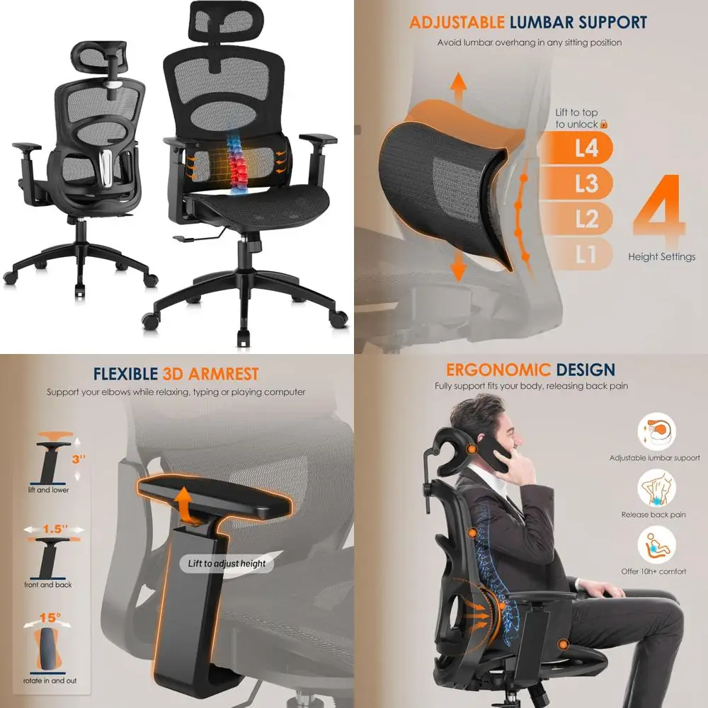 

Ergonomic High-Back Office Chair with Adjustable Lumbar Support, Headrest, Tilt, and Soft Seat