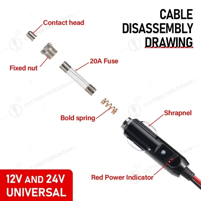 16AWG High Power Car Cigarette Lighter Socket Male Plug Connector 12V 24V 20A LED Indicator PVC Copper Wire Adapter for Auto
