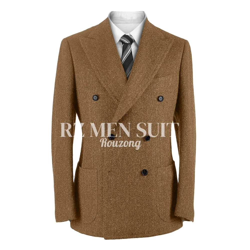 Vintage Herringbone Tweed Blazer British Peak Lapel Woolen Blend Tuxedo Jacket with Pockets