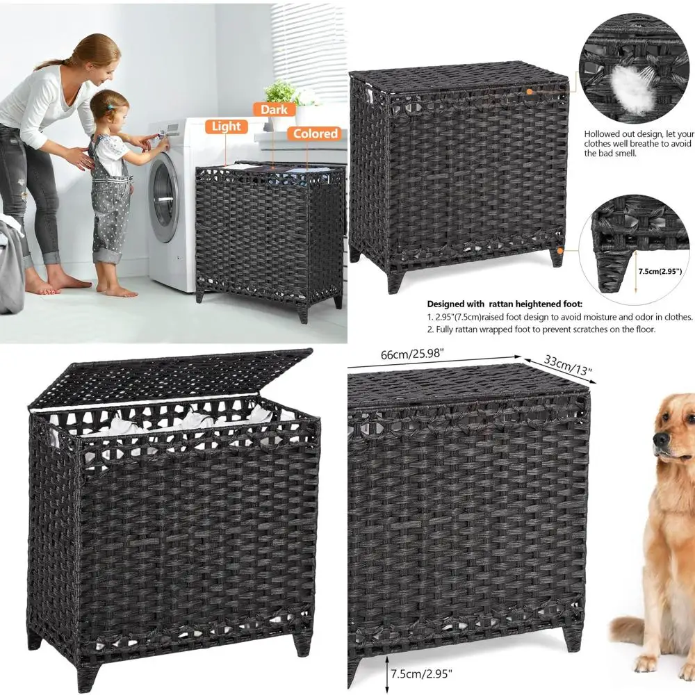 

Triple-Bin Rattan Hamper with Removable Liners, Lid, and Elevated Feet