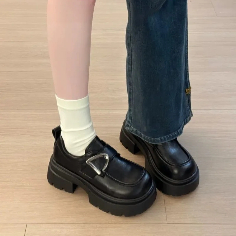 Women Platform Loafers Triangle Metal Buckle Thick Sole Chunky Heel Gothic Mary Jane Shoes Black Preppy