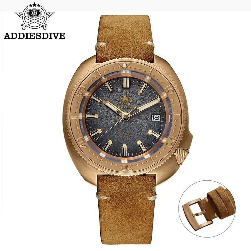 ADDIESDIVE AD2097 Taucheruhr, NH35A-Uhrwerk, Bronzegehäuse, Kautschukarmband, 120 Zähne Lünette, Saphirglas, 100 m wasserdicht, leuchtendes Zifferblatt 3