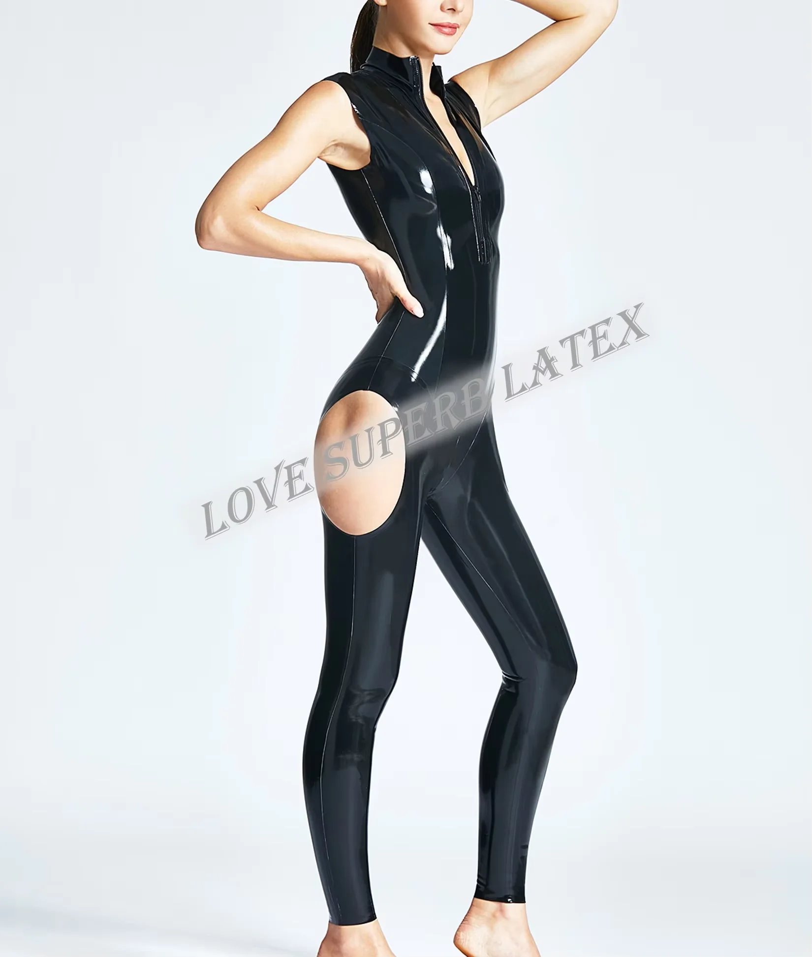 

Handmade Latex Sleeveless Catsuit w Front Zipper High Collar Circular Holes Cut Out on Two Side of Hips Party Wear Customized