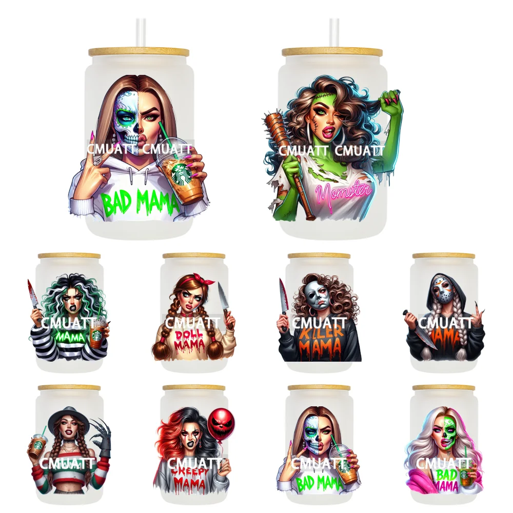 

Ужасы Bad Mama Life Хэллоуин Кофе Lover УФ DTF Переводные наклейки Наклейки Готовые наносимые Водонепроницаемые Для 16 Унций Libbey Glass Can