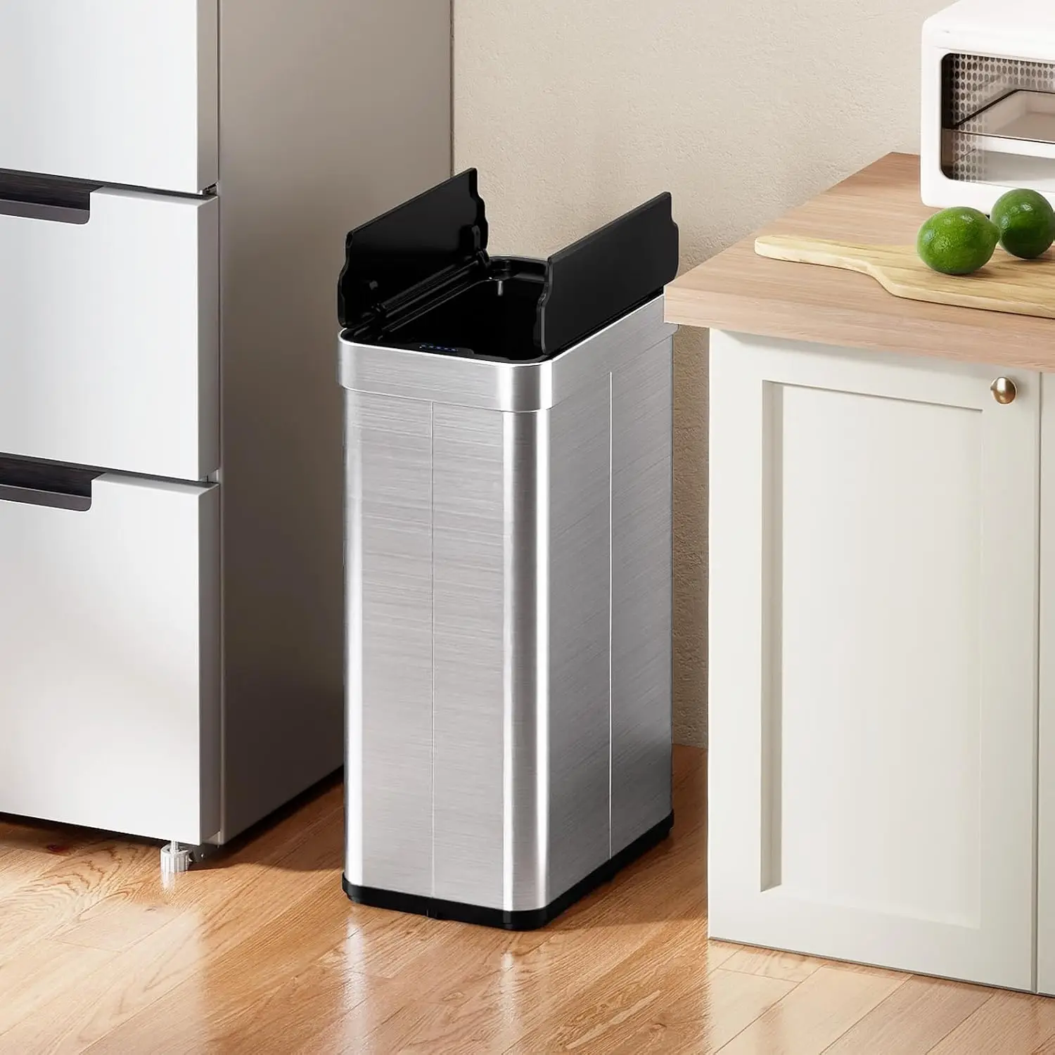 16 Gallon Kitchen Trash Can, Infrared Motion Sensor Garbage Can with Wings-Open Lid, Stainless Steel Slim Automatic Touchless Wa