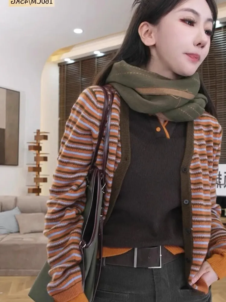 

Универсальный полосатый трикотаж на одной пуговице Lazy Sle Faion Long Sve Новый шерстяной кардиган Удобный открытый кардиган Sli...