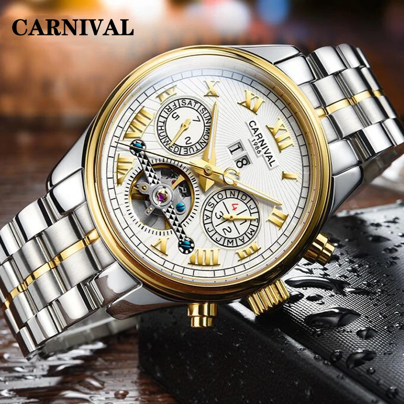 

Carnival Mens Automatic Mechanical Watch Stainless Steel Sport Tourbillon Clock Business Fashion Wristwatch Relojes Hombre