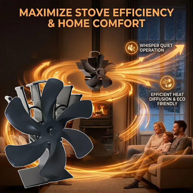1-2PCS 6 Blade Eco Stove Fan Heat Powered Silent Air Circulator Auto Start for Fireplace Log Burner Winter Warmth