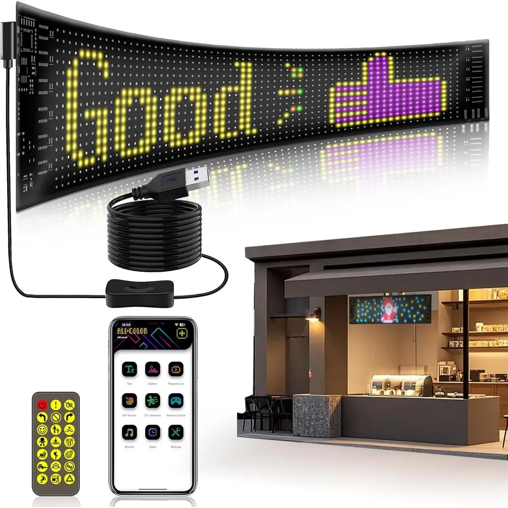 

14.7x3.7 Adjustable LED Car Eye Lights - Bluetooth/Remote Controlled, Customizable Text/Animations for Various Vehicles & Decor